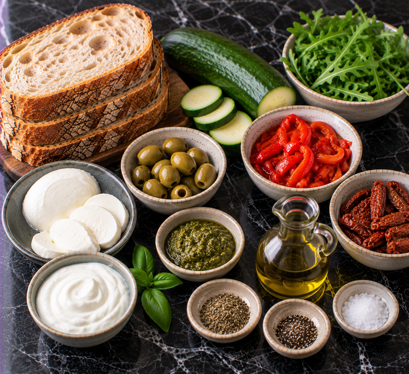 Ingrediënten voor Clubsandwich met gegrilde courgette, mozzarella & olijvencrème