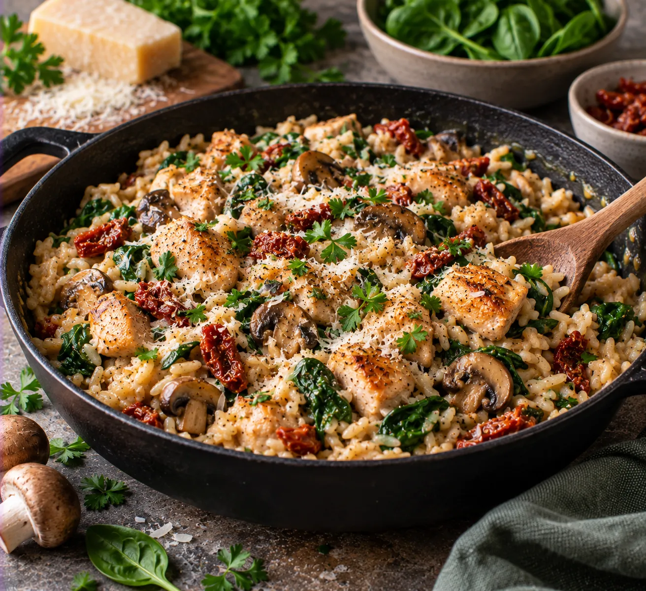 Creamy Rice Skillet with Chicken, Mushrooms & Spinach