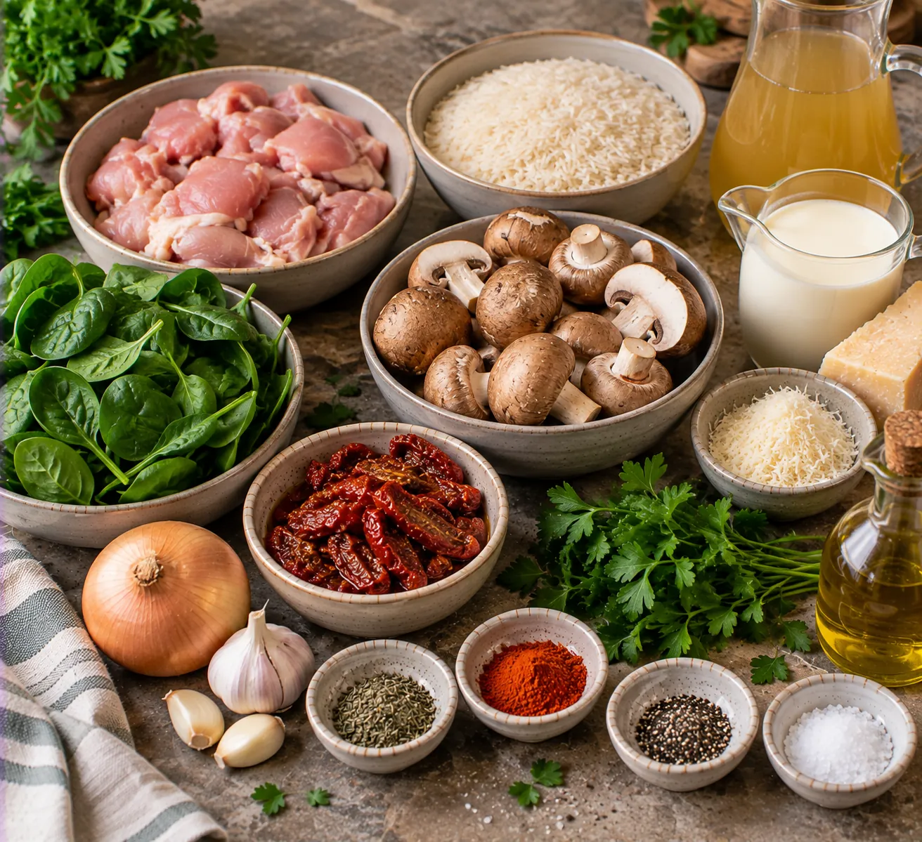 Ingredients for Creamy Rice Skillet with Chicken, Mushrooms & Spinach