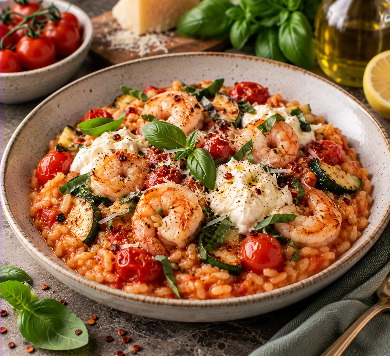 Tomato Risotto with Prawns, Courgette & Burrata