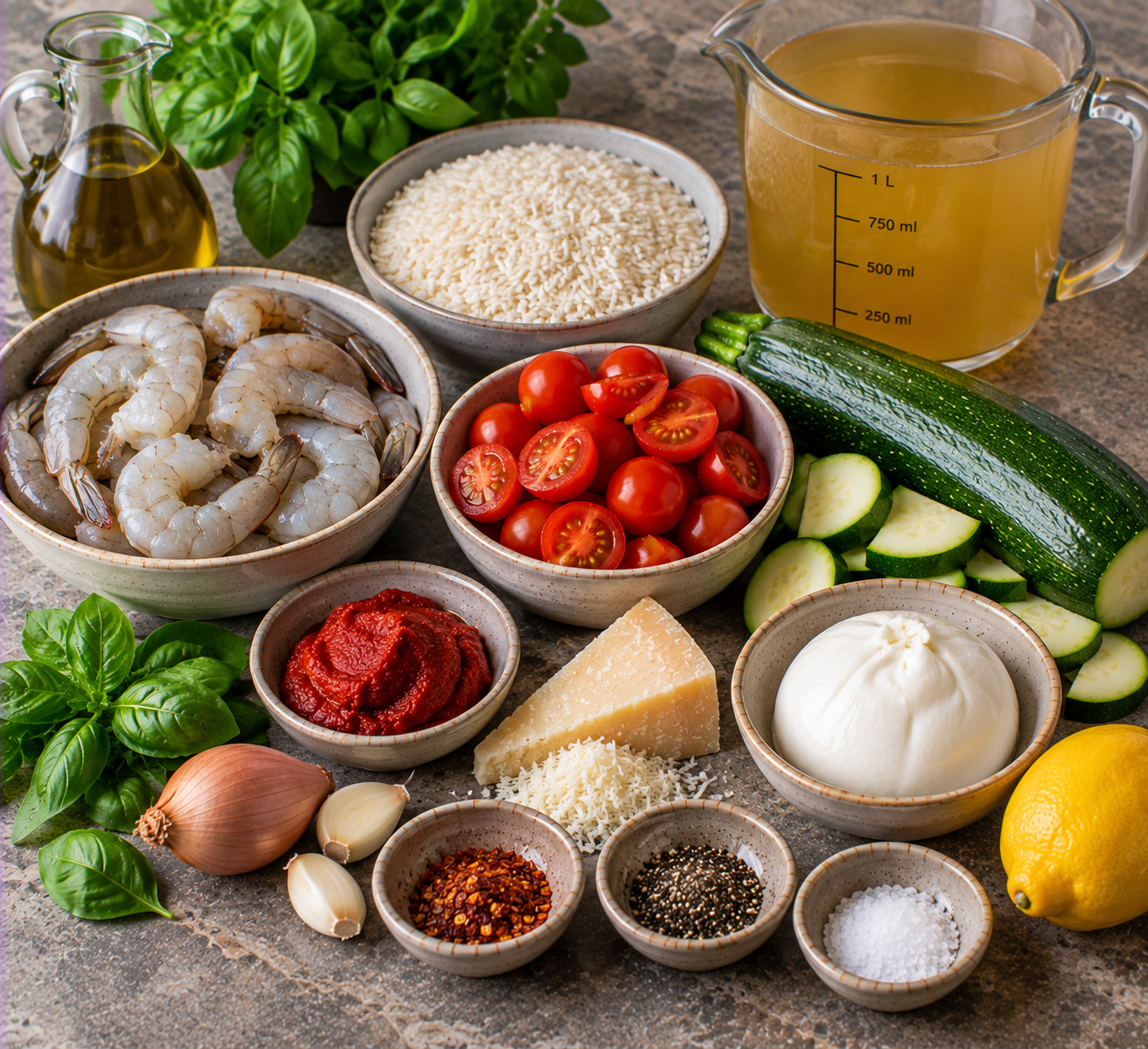 Ingrediënten voor Tomatenrisotto met garnalen, courgette & burrata