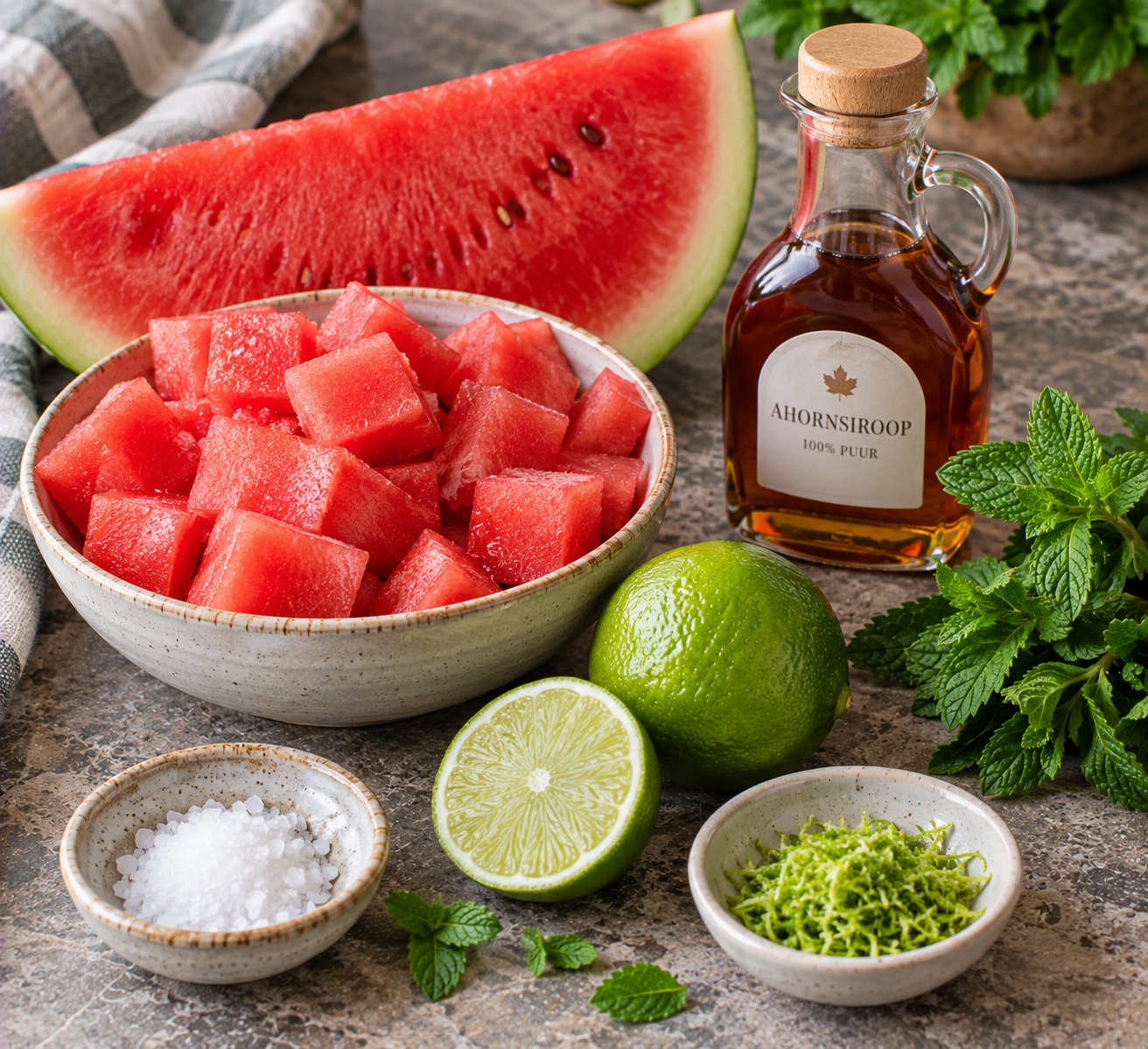 Ingrediënten voor Watermeloensorbet met limoen & munt