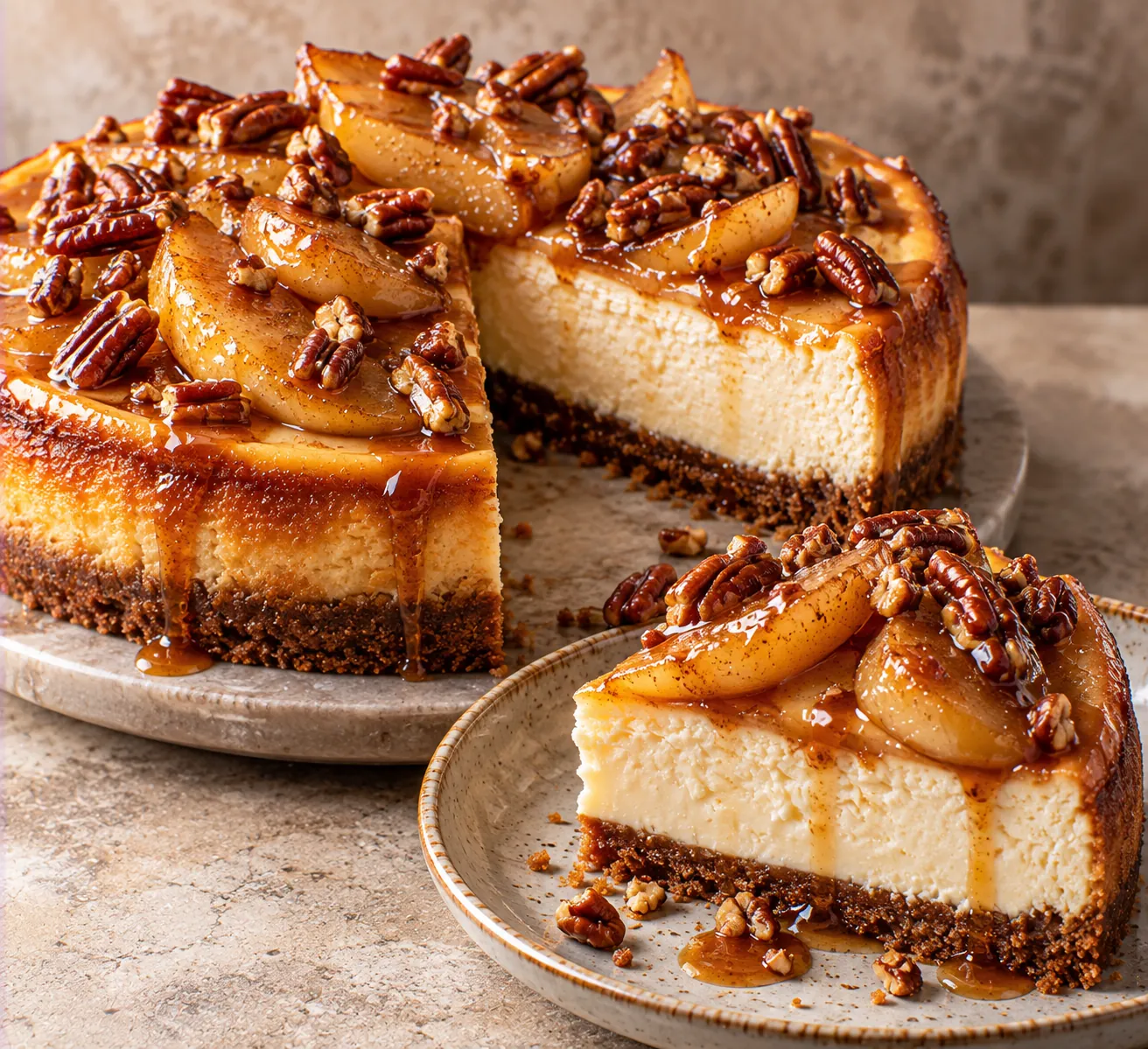 Vanilla Cheesecake with Cinnamon Pear & Pecan Nuts