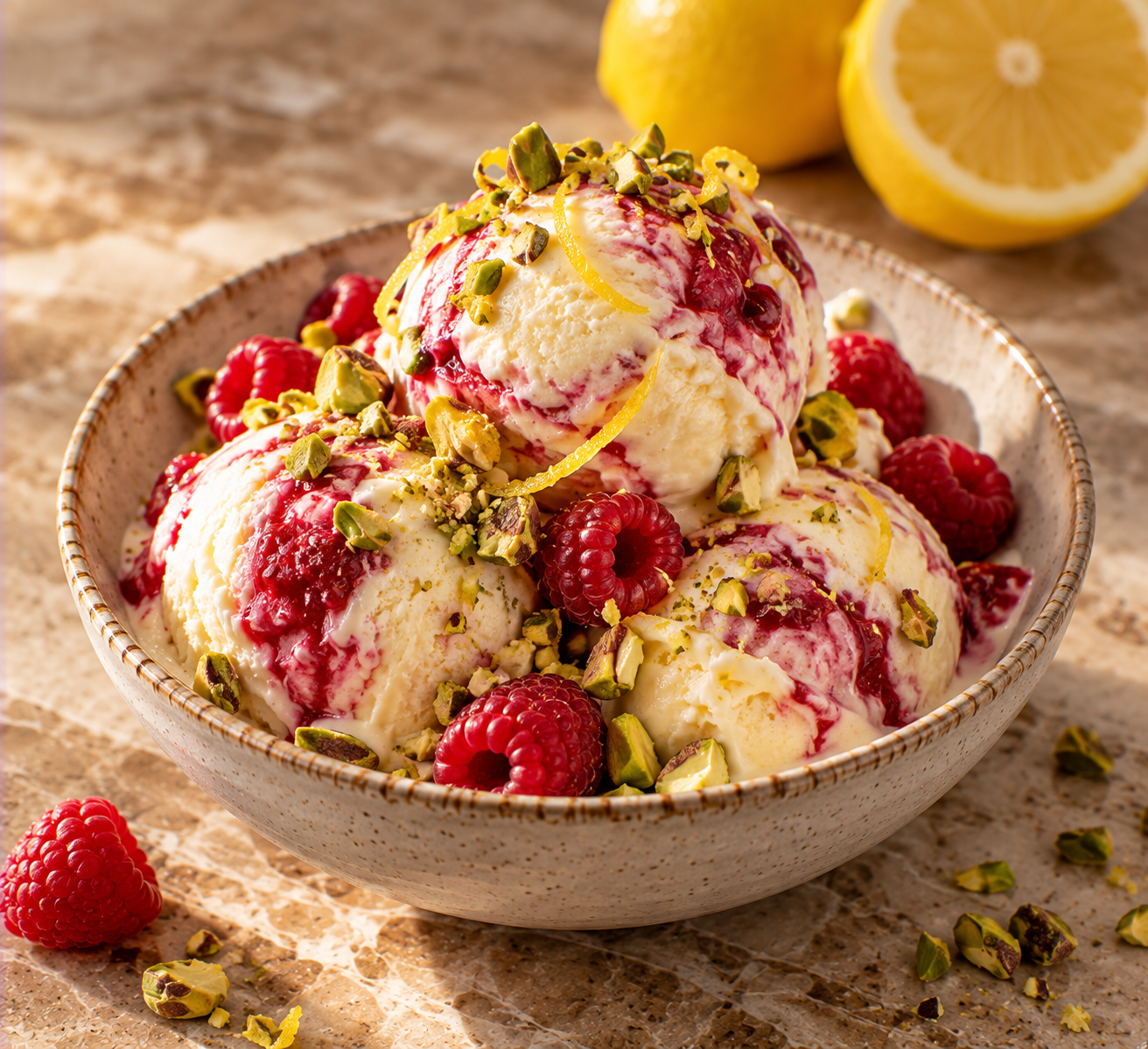Citroen-mascarpone-ijs met frambozen & pistache