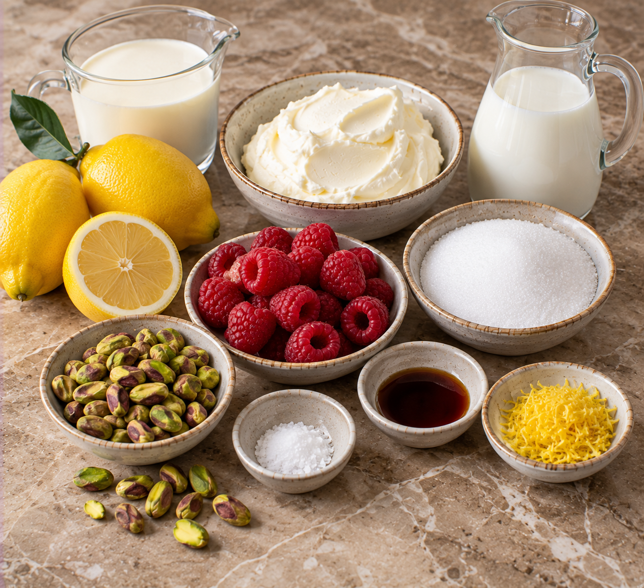 Ingrediënten voor Citroen-mascarpone-ijs met frambozen & pistache