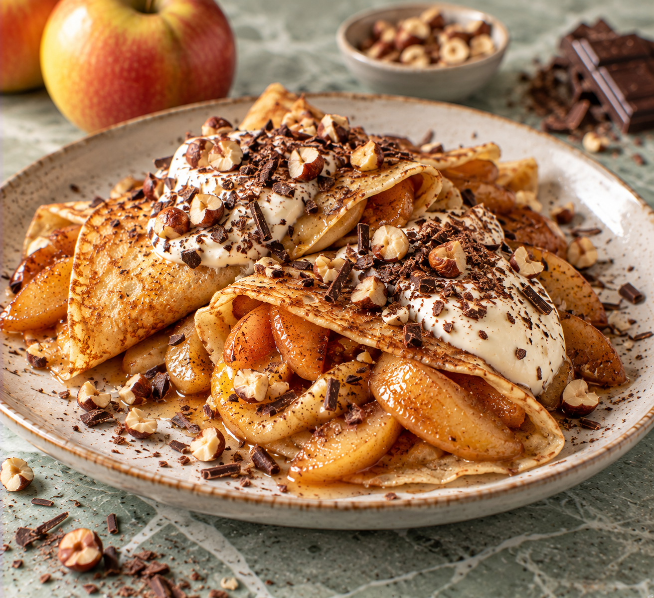 Flensjes met warme kaneelappel, vanillecrème & pure chocolade
