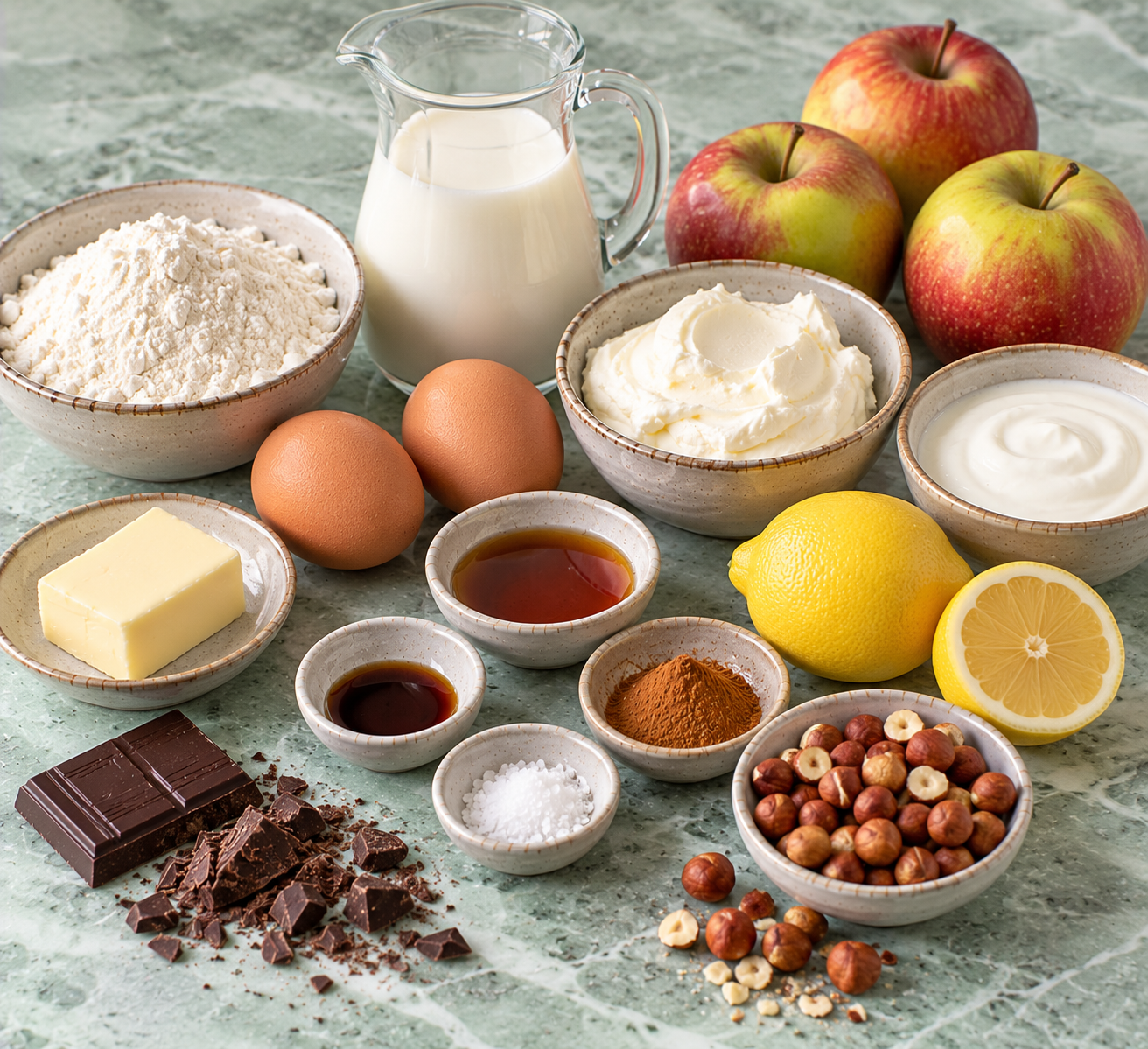 Ingrediënten voor Flensjes met warme kaneelappel, vanillecrème & pure chocolade