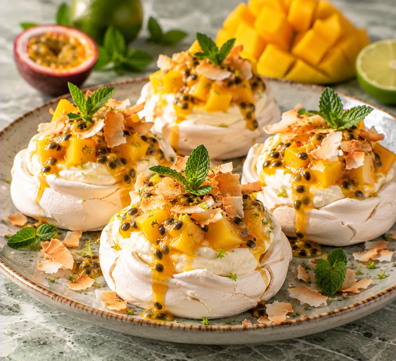 Pavlova with Mango, Passion Fruit & Lime Cream