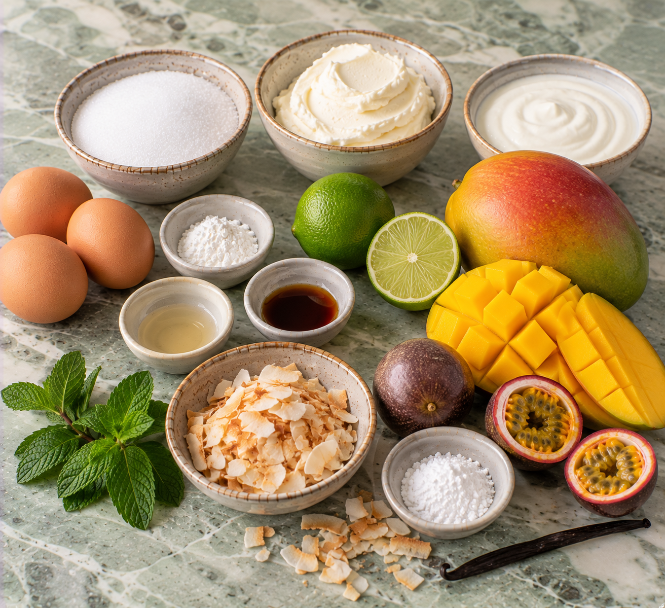 Ingrediënten voor Pavlova met mango, passievrucht & limoencrème