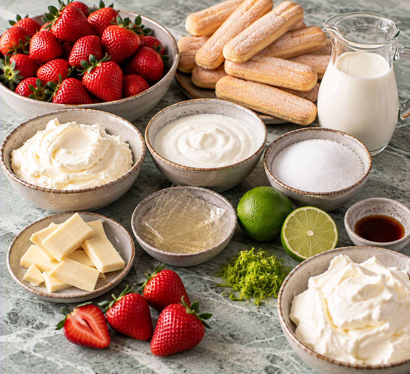 Ingrediënten voor Aardbeienkoek met witte chocolade & limoen