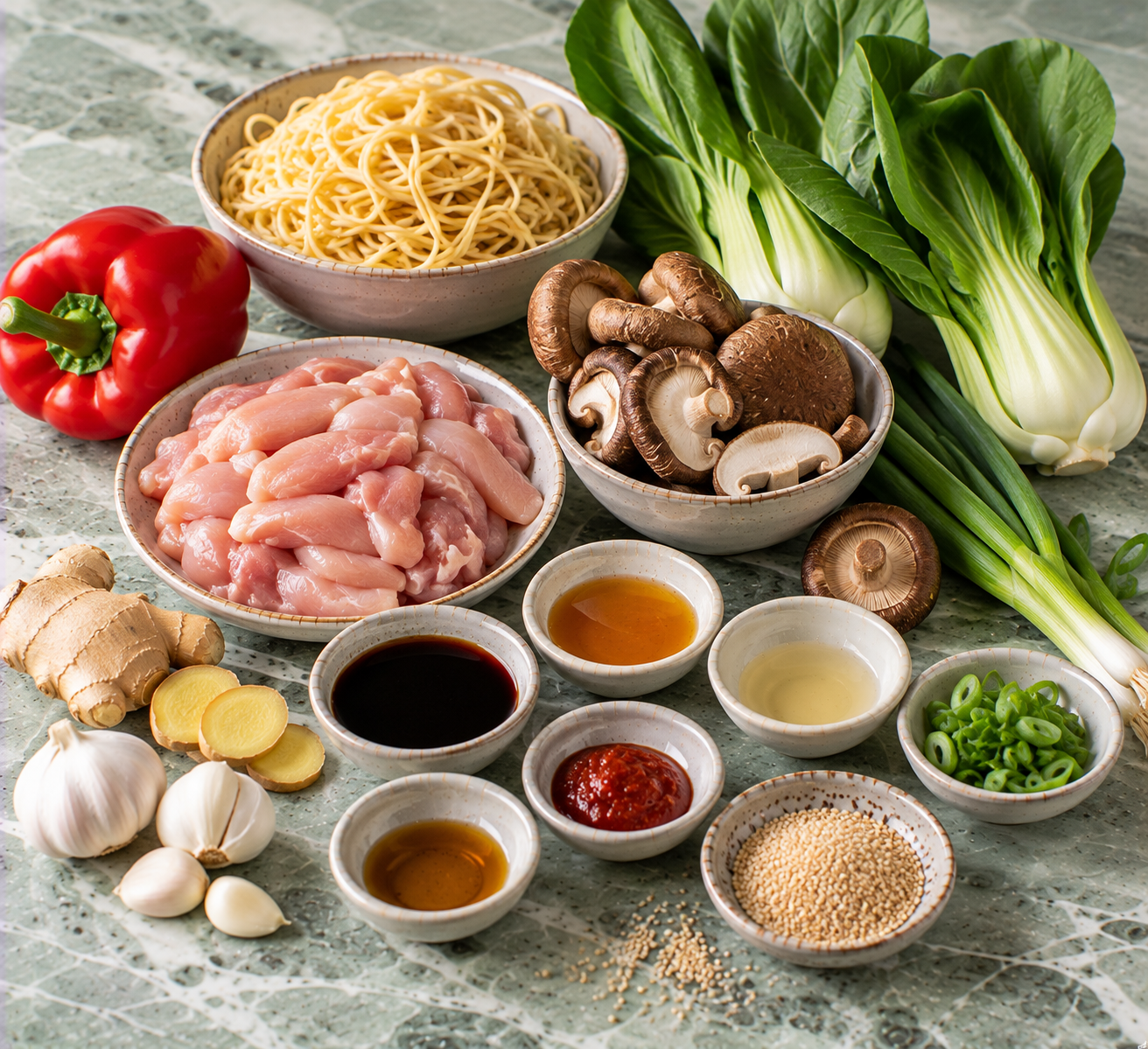 Ingrediënten voor Sesamnoedels met kip, paksoi & shiitake