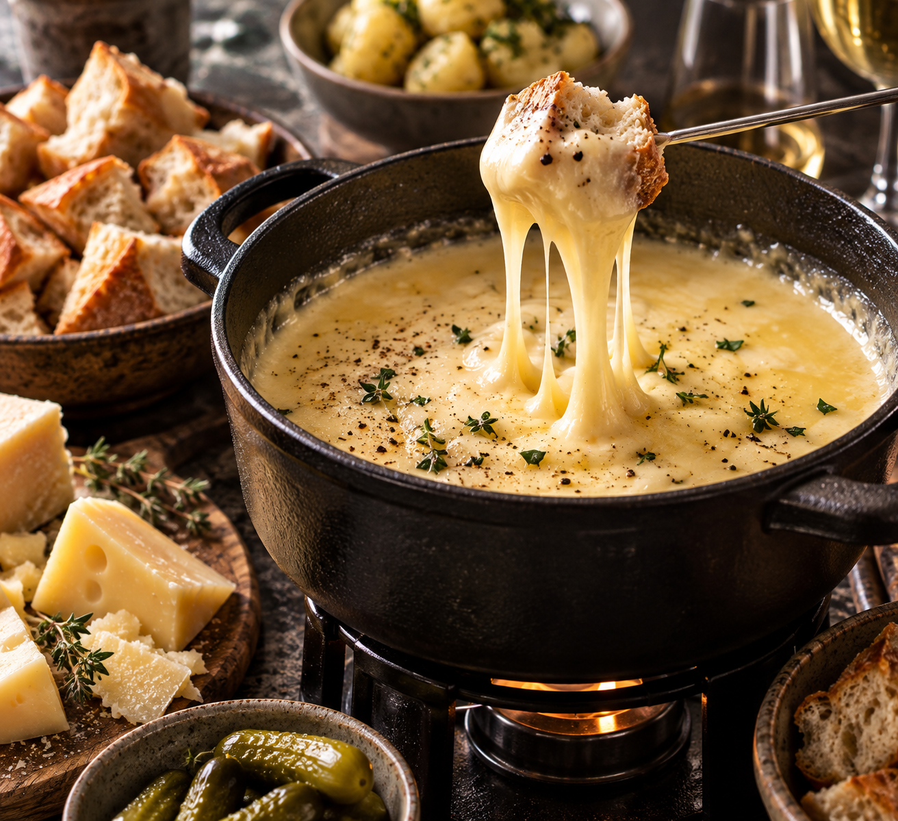 Kaasfondue met Gruyère, oude kaas & tijm