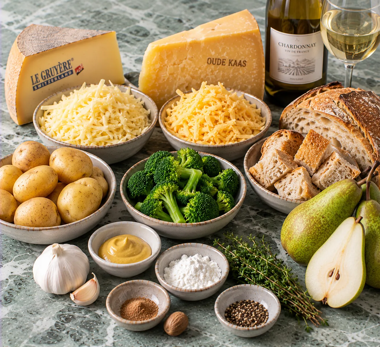 Ingredients for Cheese Fondue with Gruyère, Mature Cheese & Thyme
