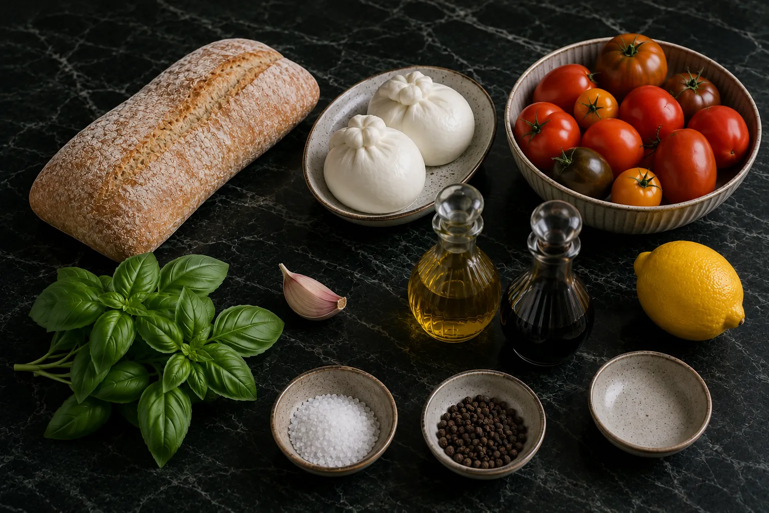 Ingredients for Caprese with Burrata and Crispy Ciabatta