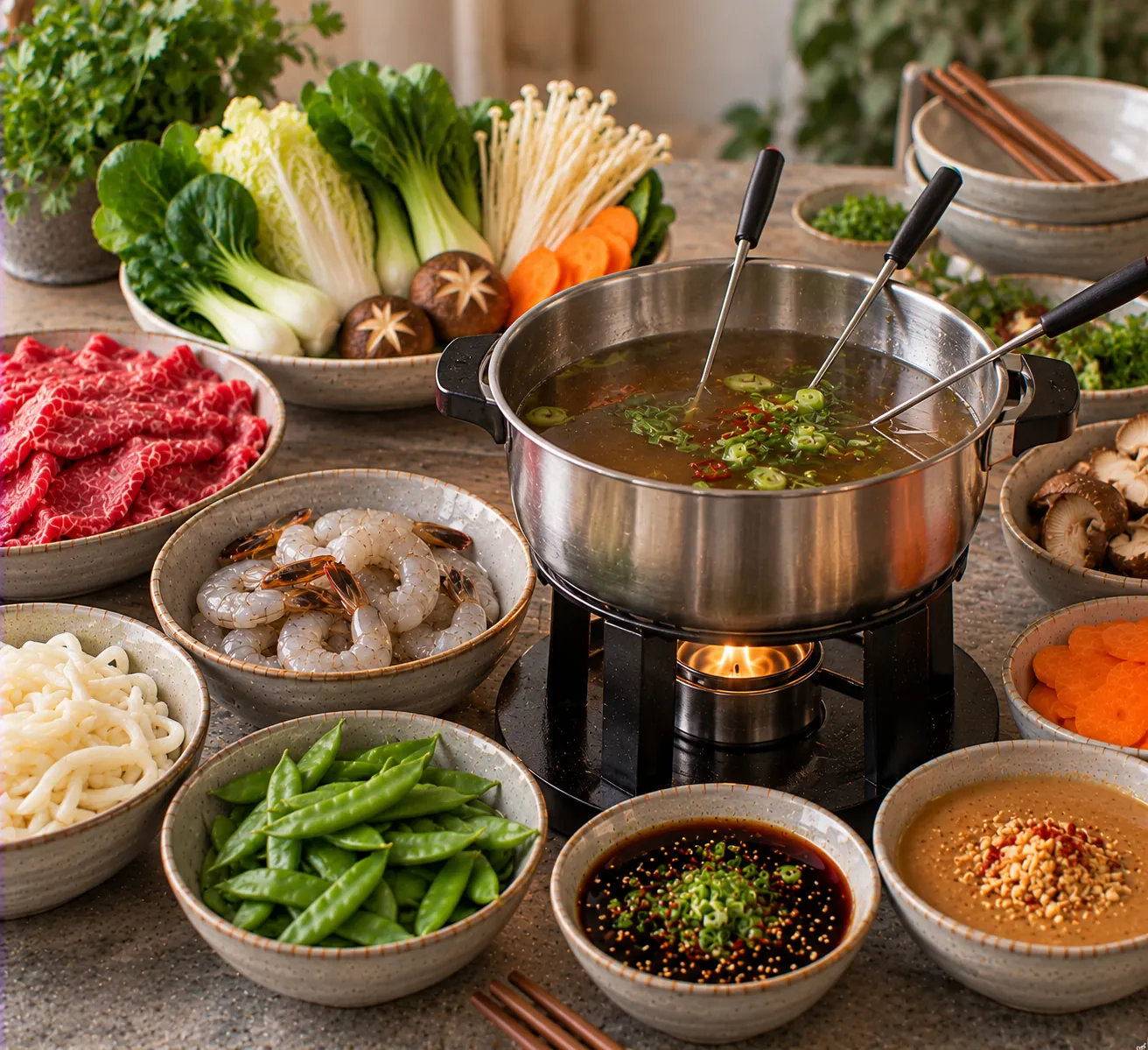 Asian Hotpot with Steak, Prawns & Shiitake