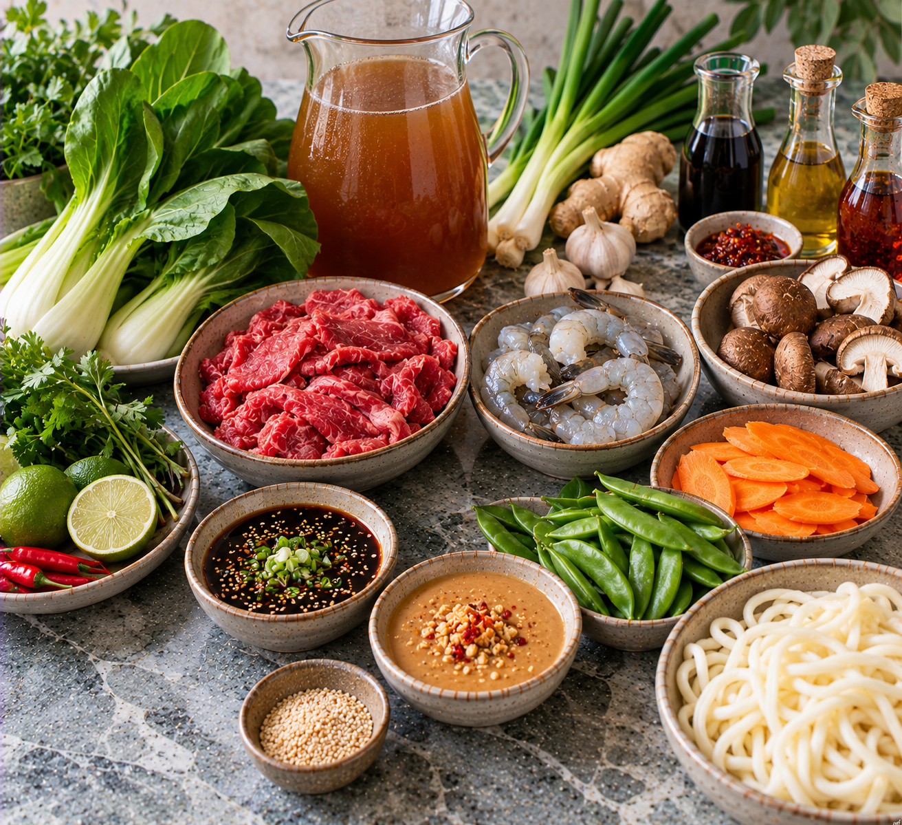 Ingrediënten voor Aziatische hotpot met biefstuk, garnalen & shiitake