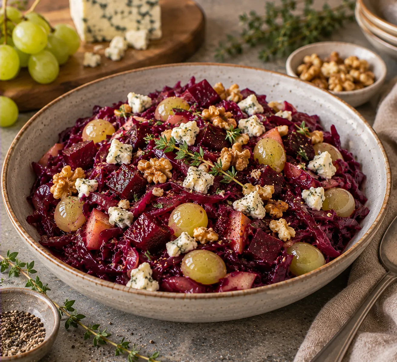 Braised red cabbage with beetroot, grapes, blue cheese & walnuts