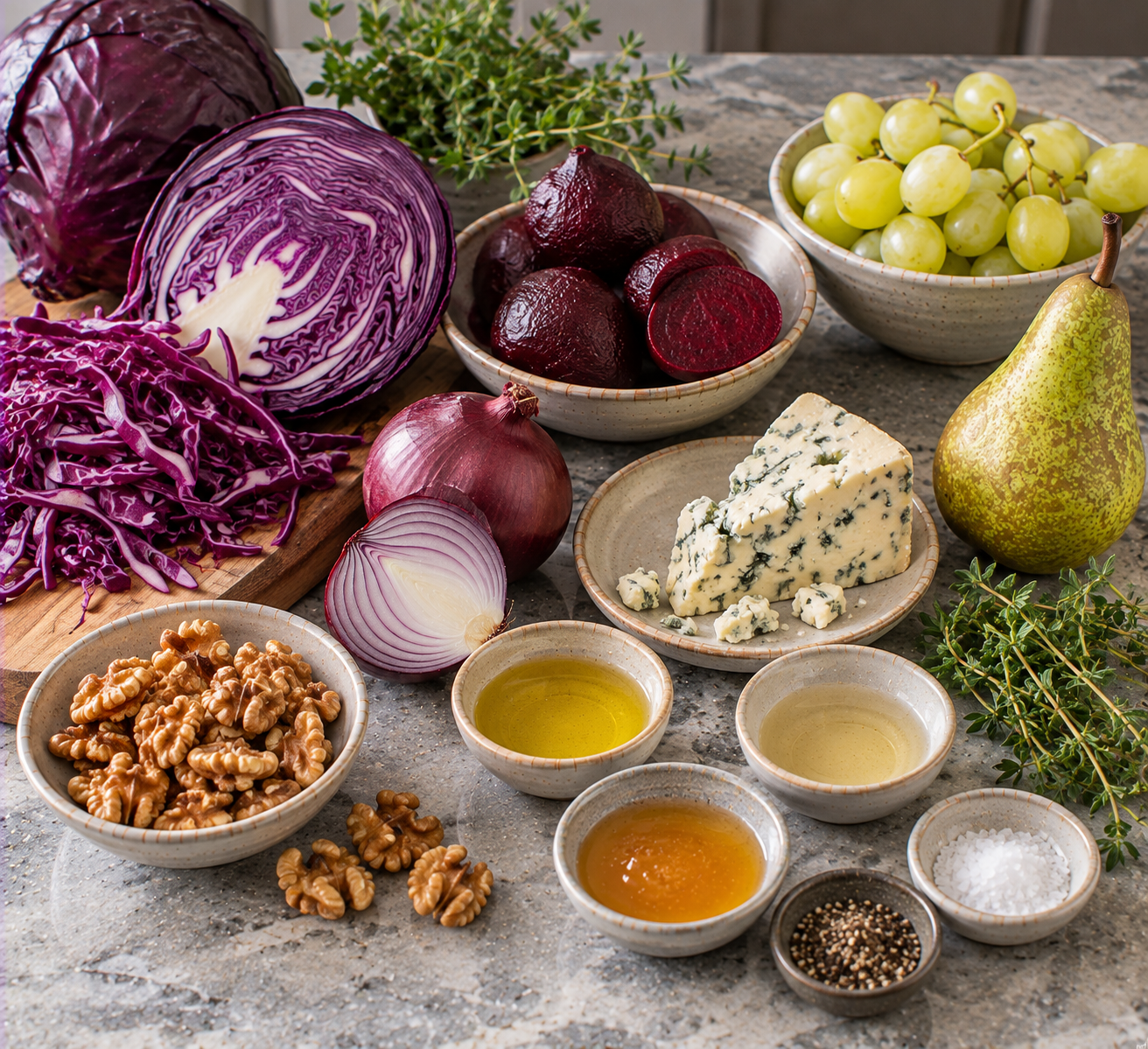 Ingrediënten voor Gestoofde rode kool met biet, druiven, blauwe kaas & walnoten