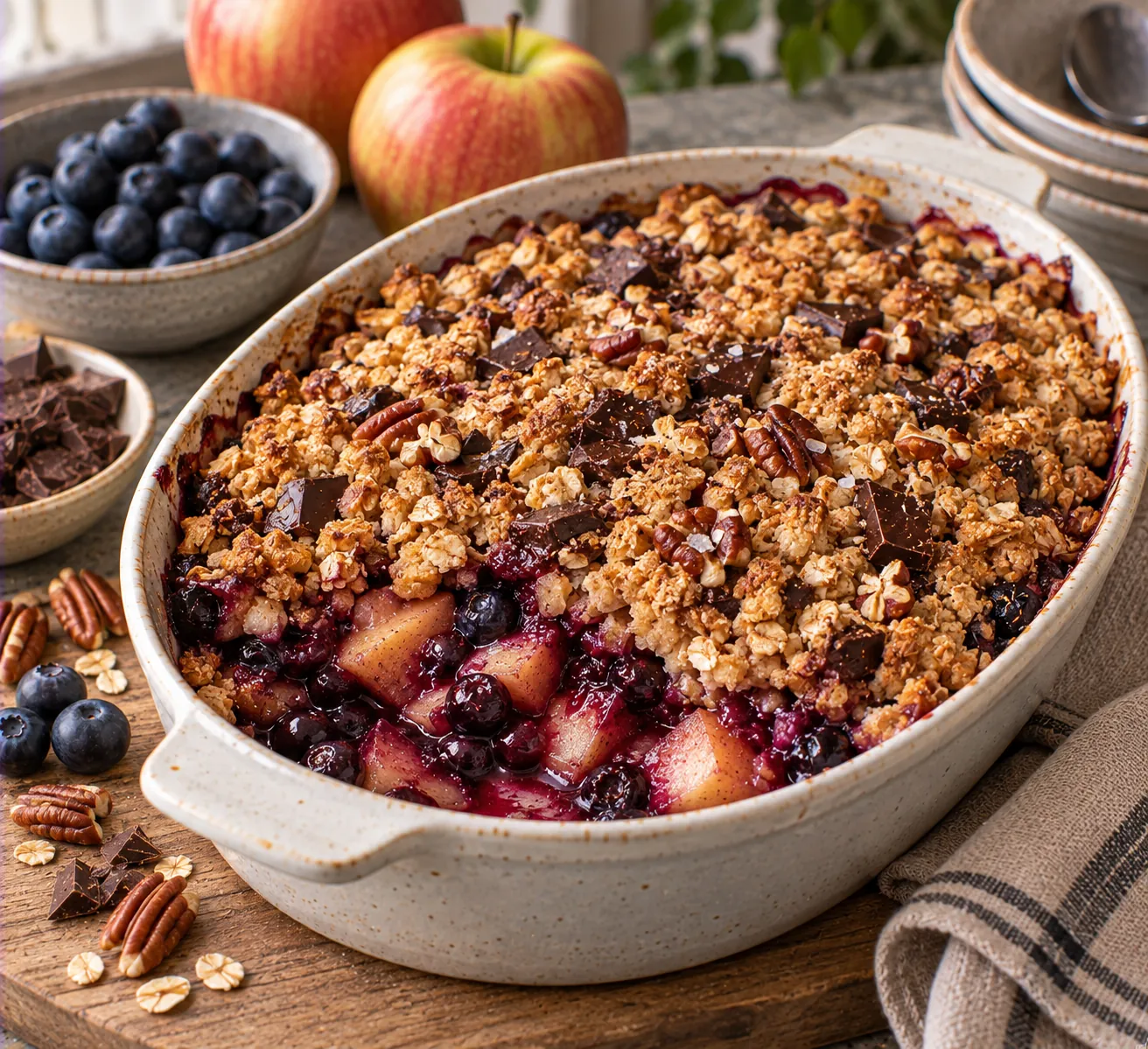 Warm Apple & Blueberry Crumble with Dark Chocolate & Pecans