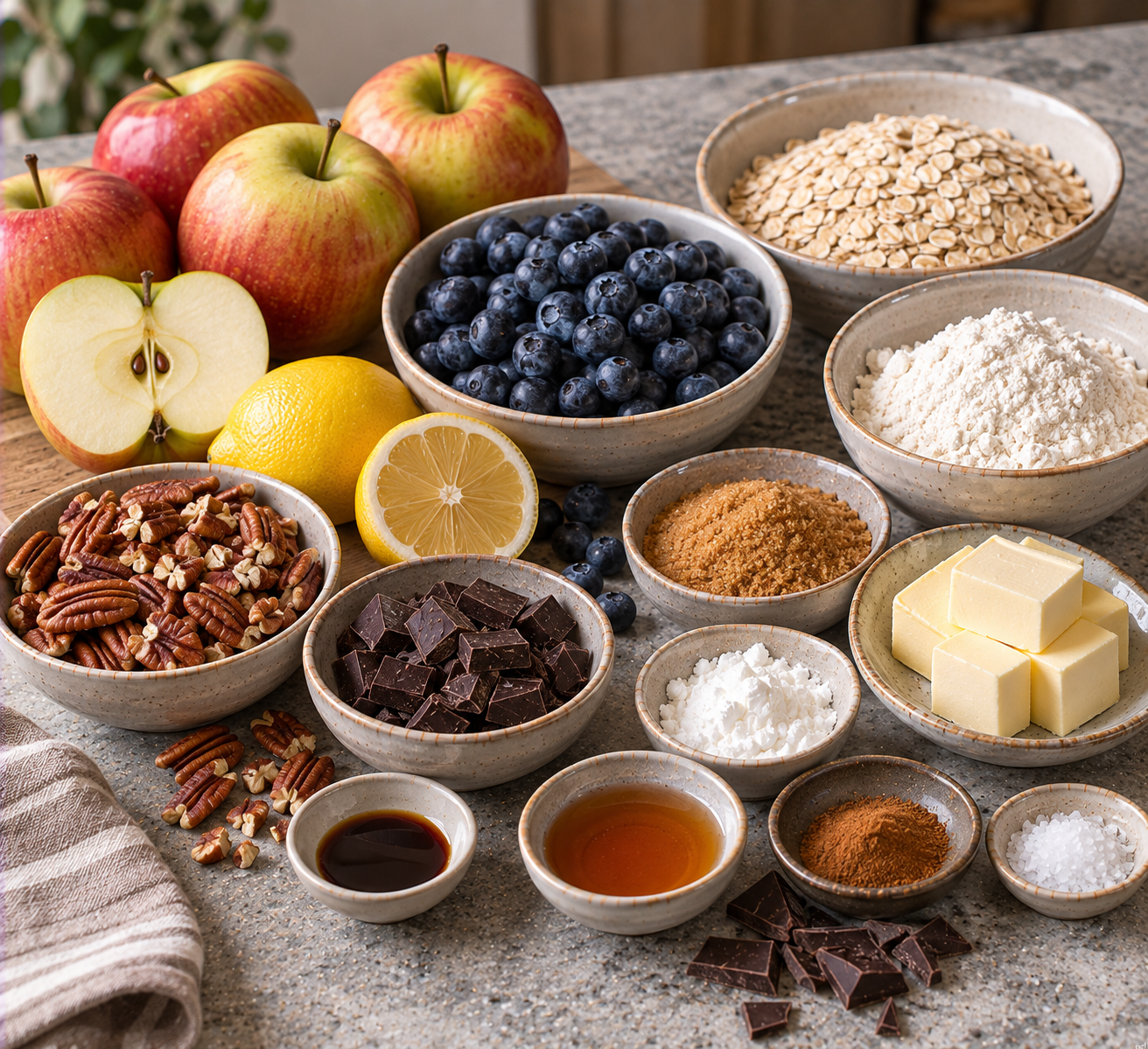 Ingrediënten voor Warme appel-bosbessencrumble met pure chocolade & pecannoten