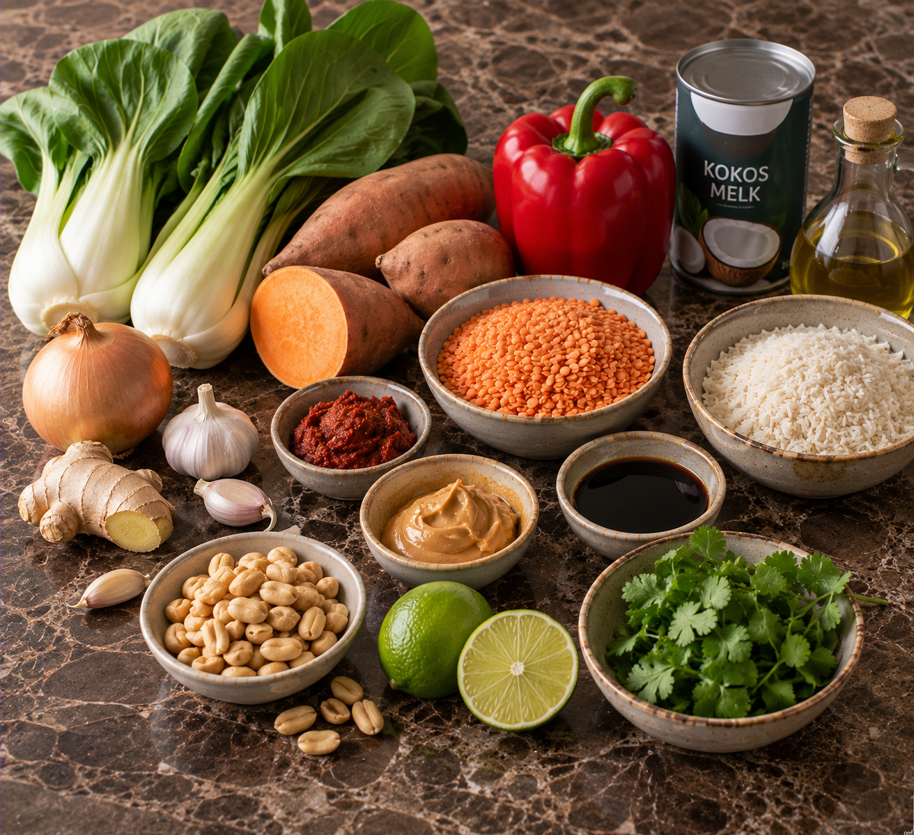 Ingrediënten voor Thaise rode curry met linzen, zoete aardappel & paksoi