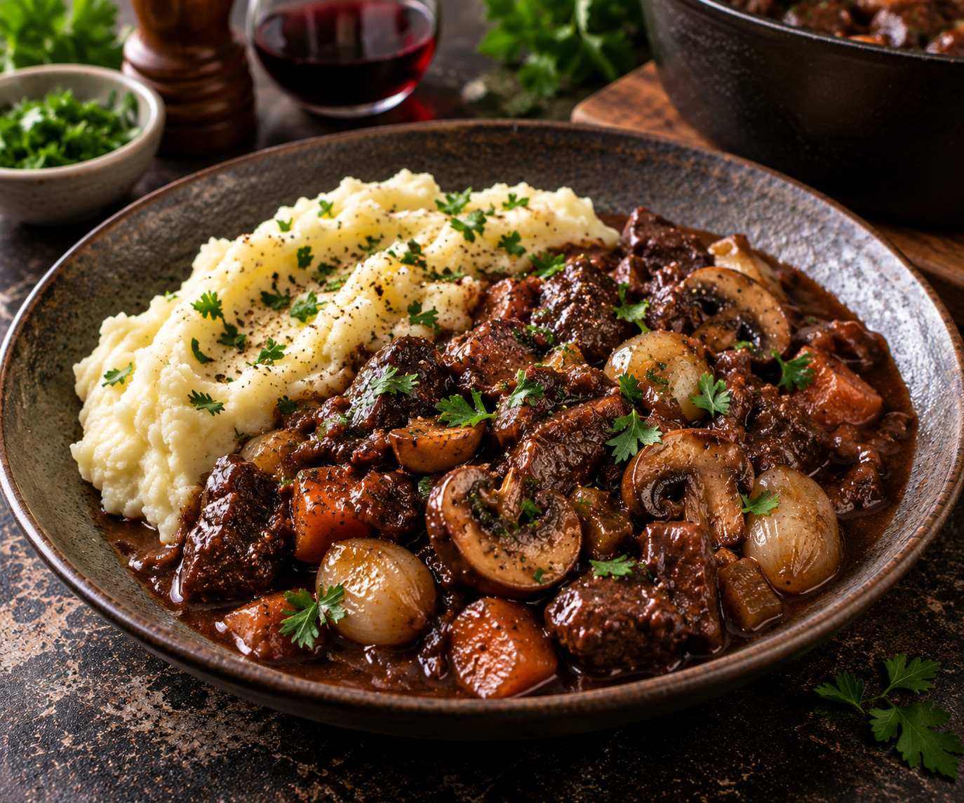Bourguignon van paddenstoelen met wortel & romige aardappelpuree