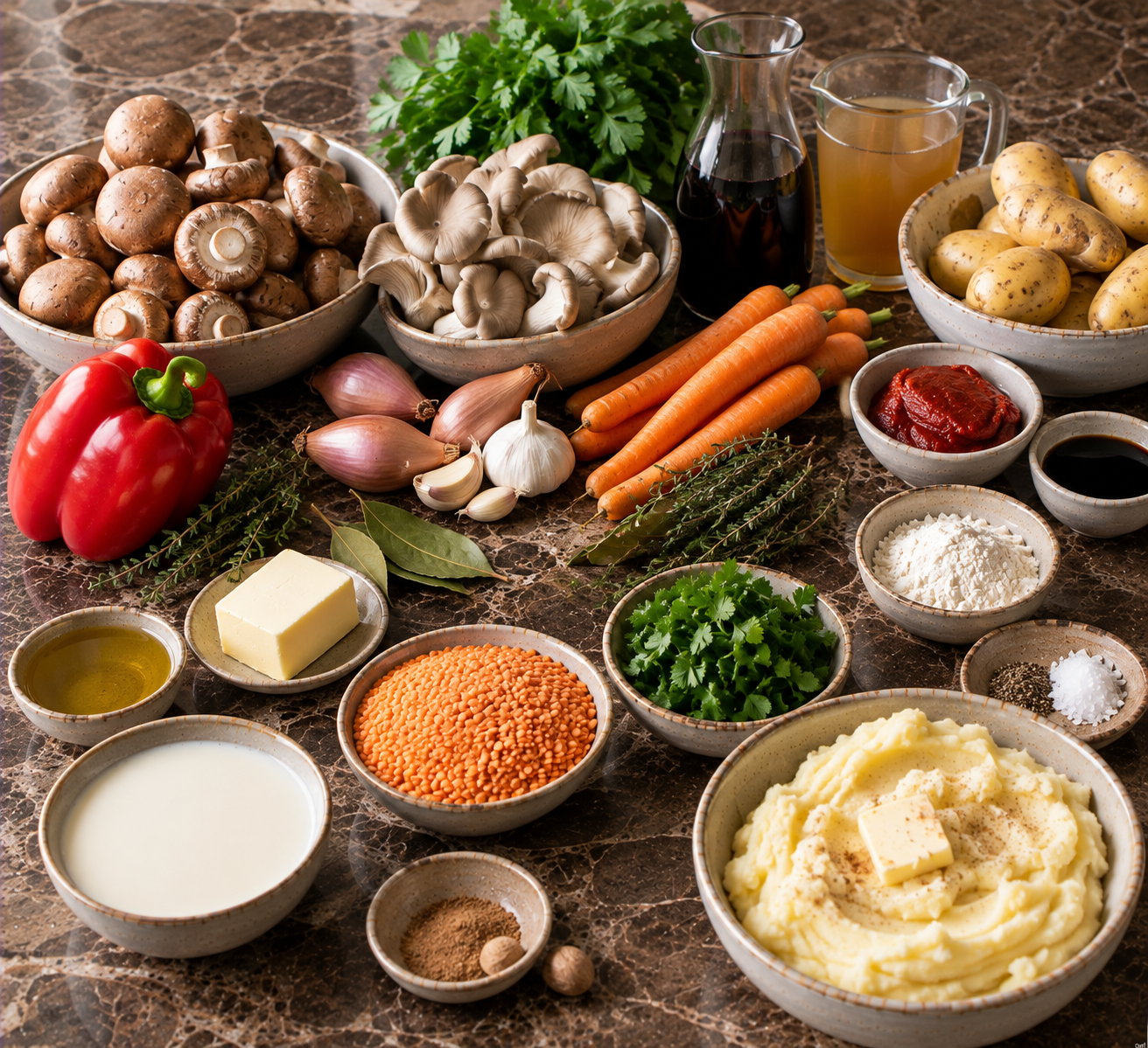 Ingrediënten voor Bourguignon van paddenstoelen met wortel & romige aardappelpuree