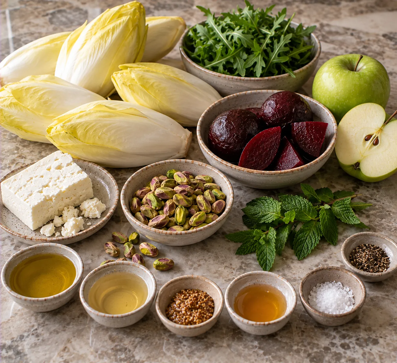 Ingredients for Fresh Chicory Salad with Beetroot, Apple & Pistachio