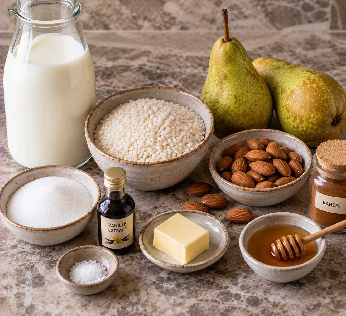 Ingredients for Creamy Vanilla Rice Pudding with Warm Pear & Cinnamon