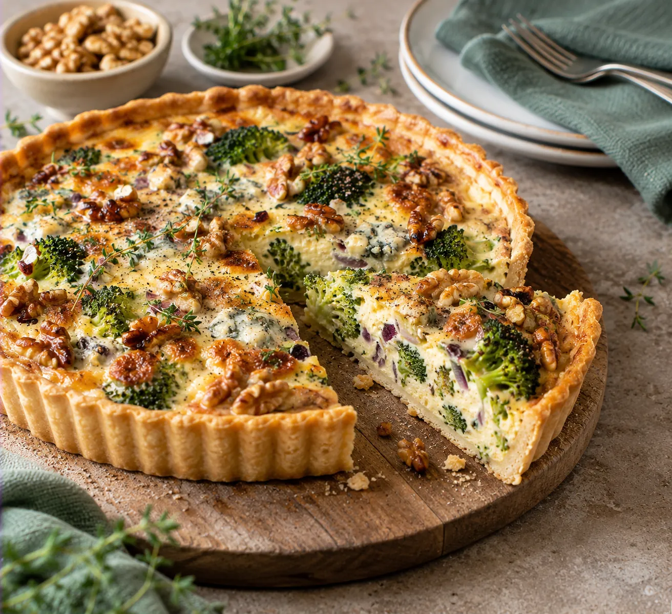 Savoury Broccoli Quiche with Gorgonzola & Roasted Walnuts