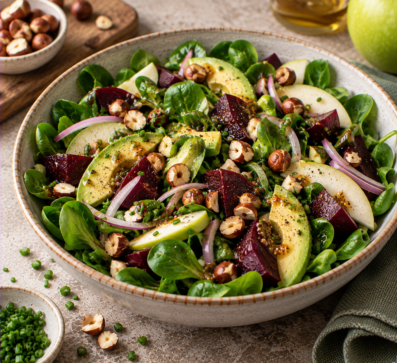 Knapperige veldsla met biet, avocado & hazelnoten