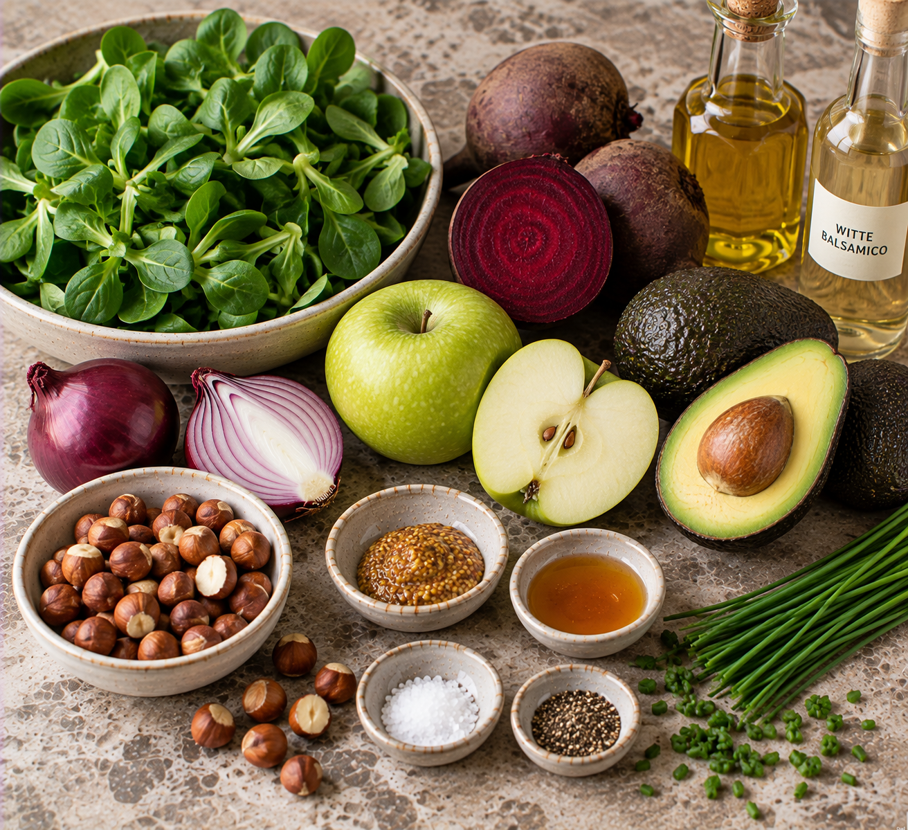 Ingrediënten voor Knapperige veldsla met biet, avocado & hazelnoten
