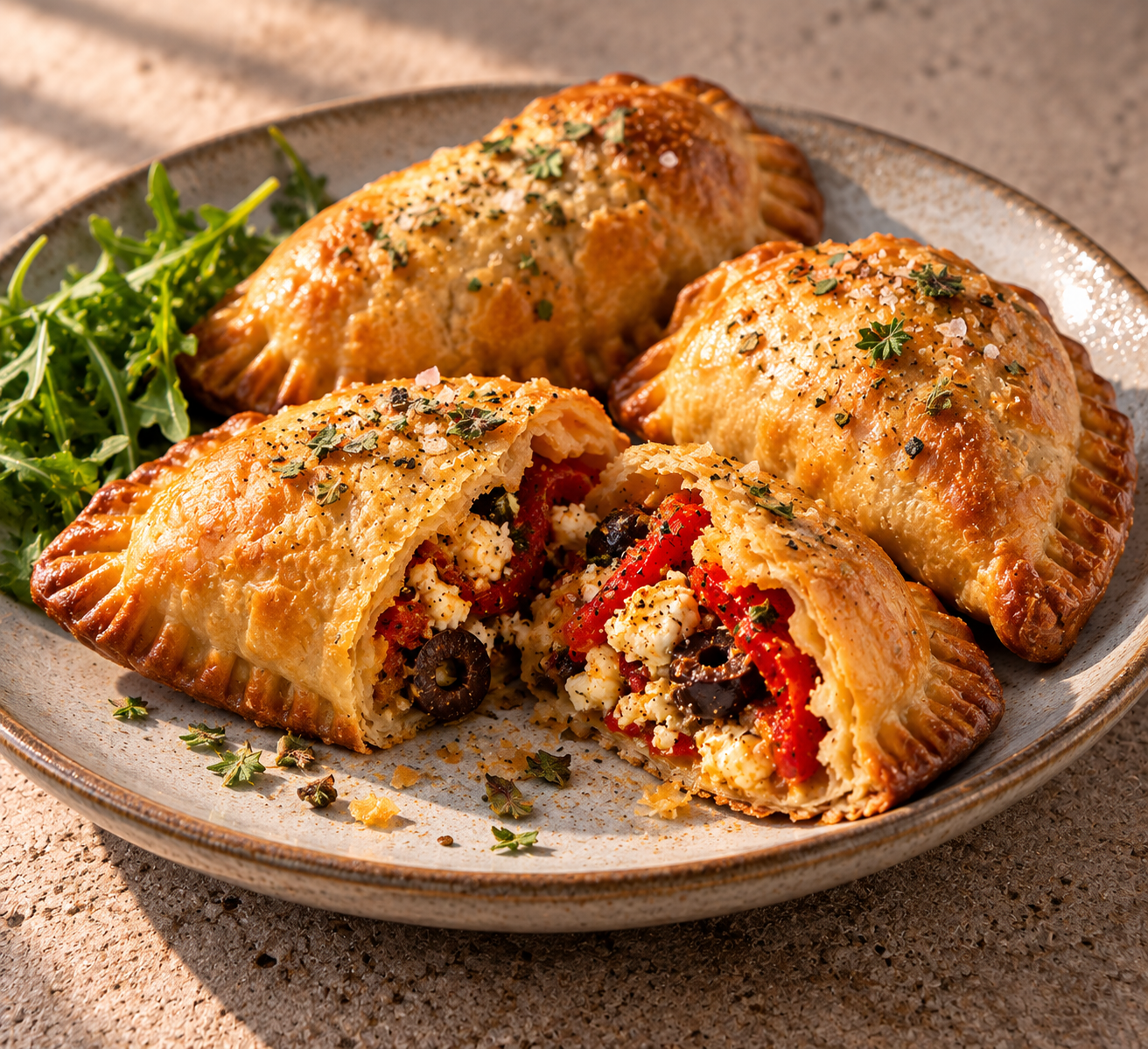 Krokante empanadas met geroosterde paprika, feta & olijven