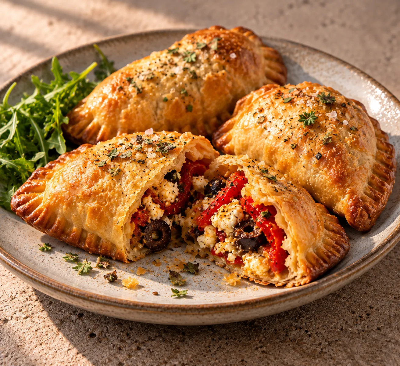 Crispy Empanadas with Roasted Bell Pepper, Feta & Olives