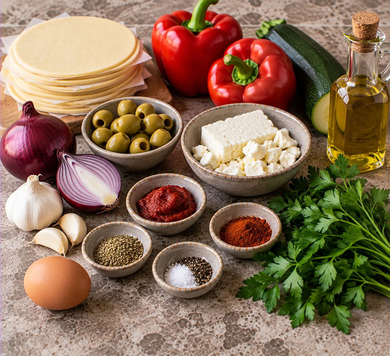 Ingredients for Crispy Empanadas with Roasted Bell Pepper, Feta & Olives