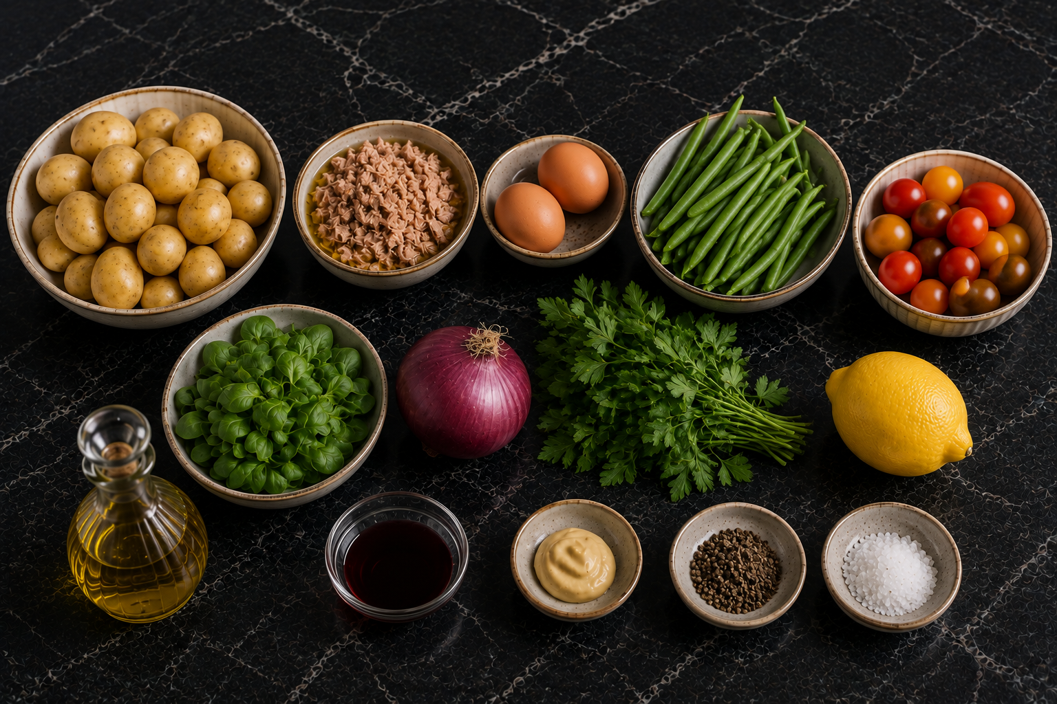Ingrediënten voor Salade Niçoise met tonijn, krieltjes en citroen-mosterddressing