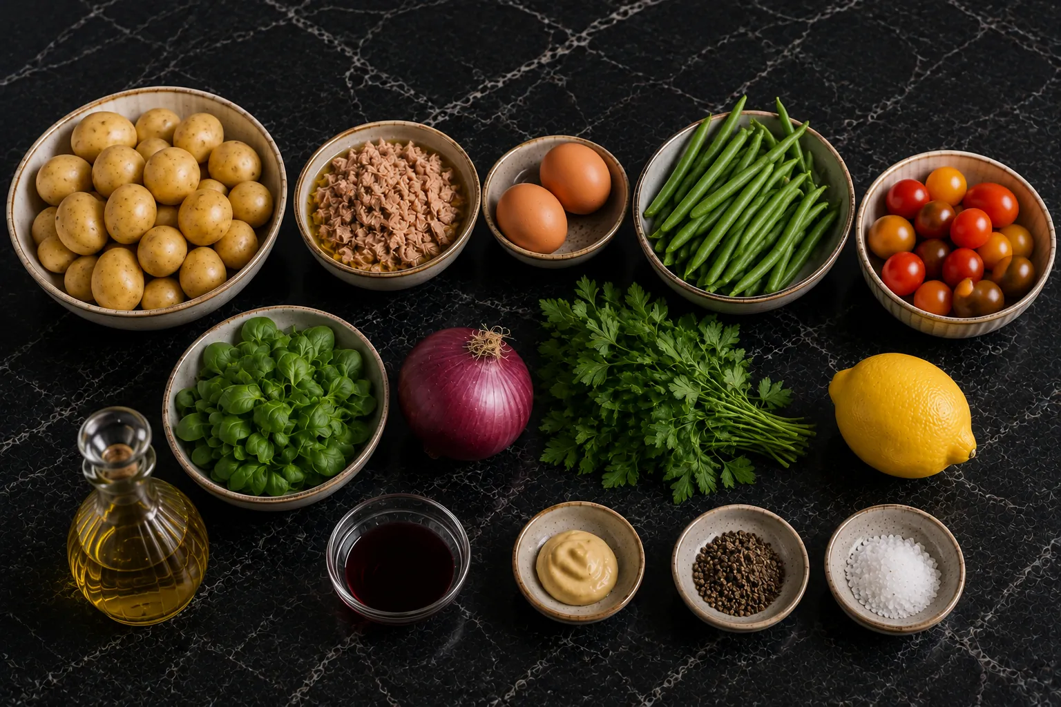 Ingredients for Salade Niçoise with Tuna, Baby Potatoes and Lemon-Mustard Dressing