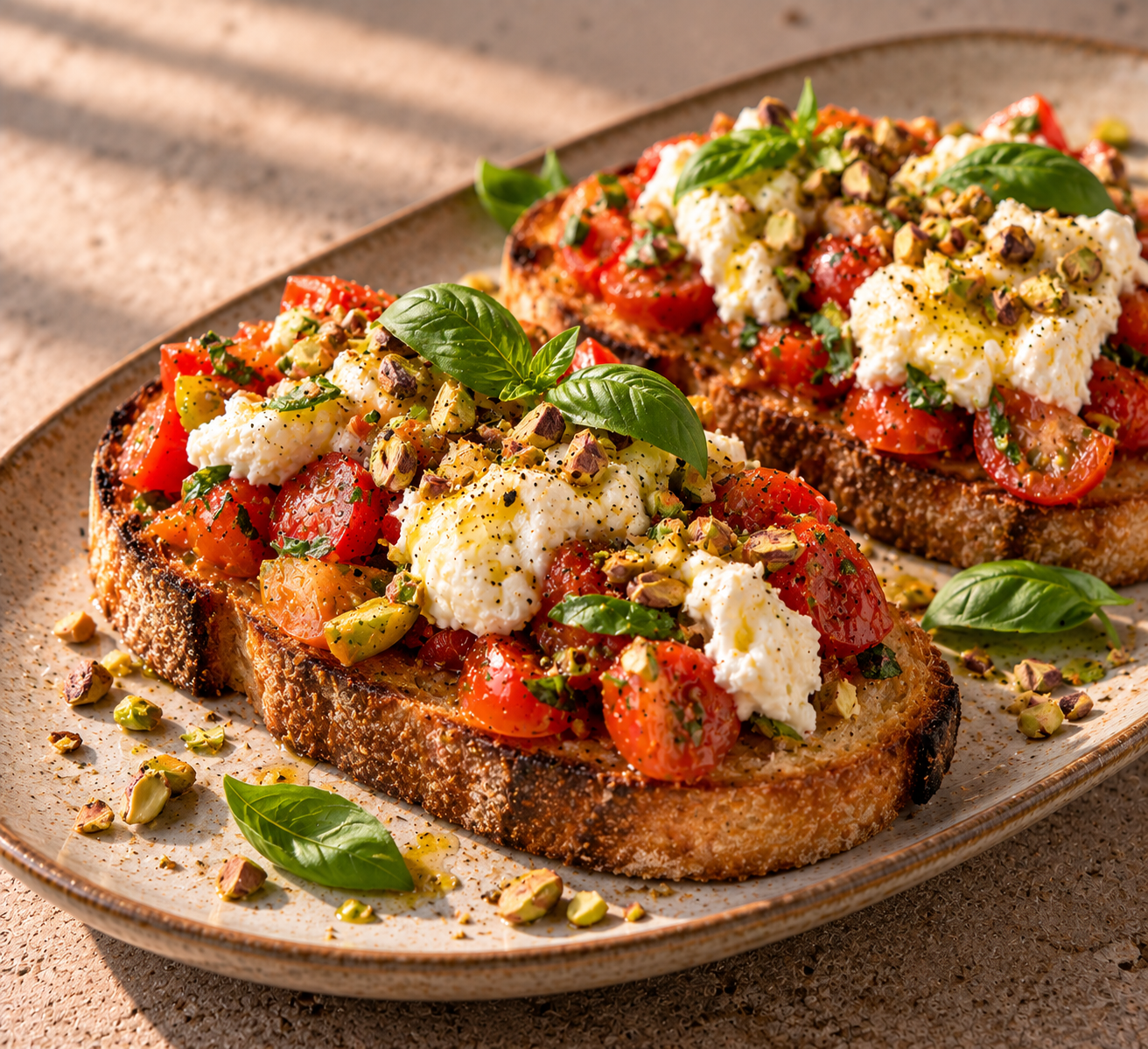 Krokante bruschetta met tomaat, burrata & pistache