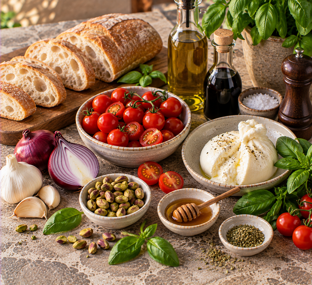 Ingrediënten voor Krokante bruschetta met tomaat, burrata & pistache