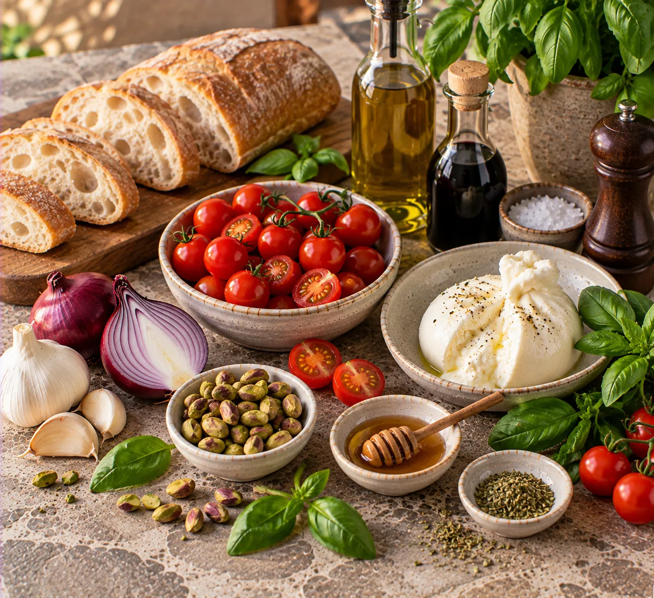 Ingredients for Crispy Bruschetta with Tomato, Burrata & Pistachio