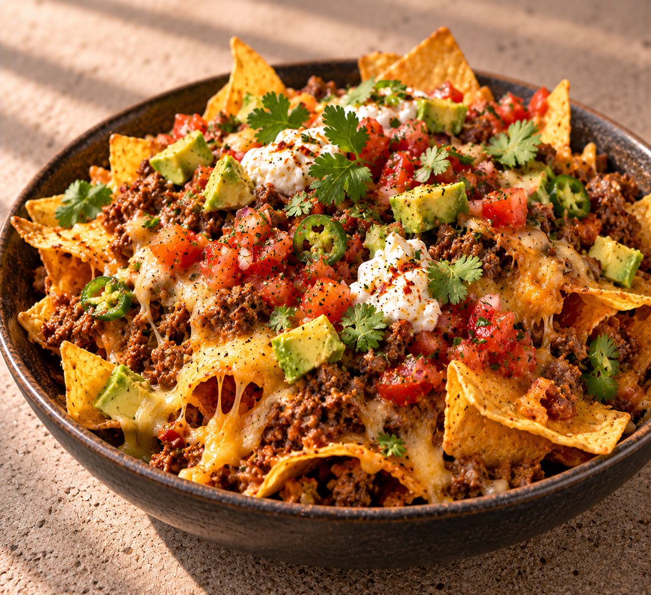 Loaded nacho's met kruidig gehakt, avocado & frisse tomatensalsa