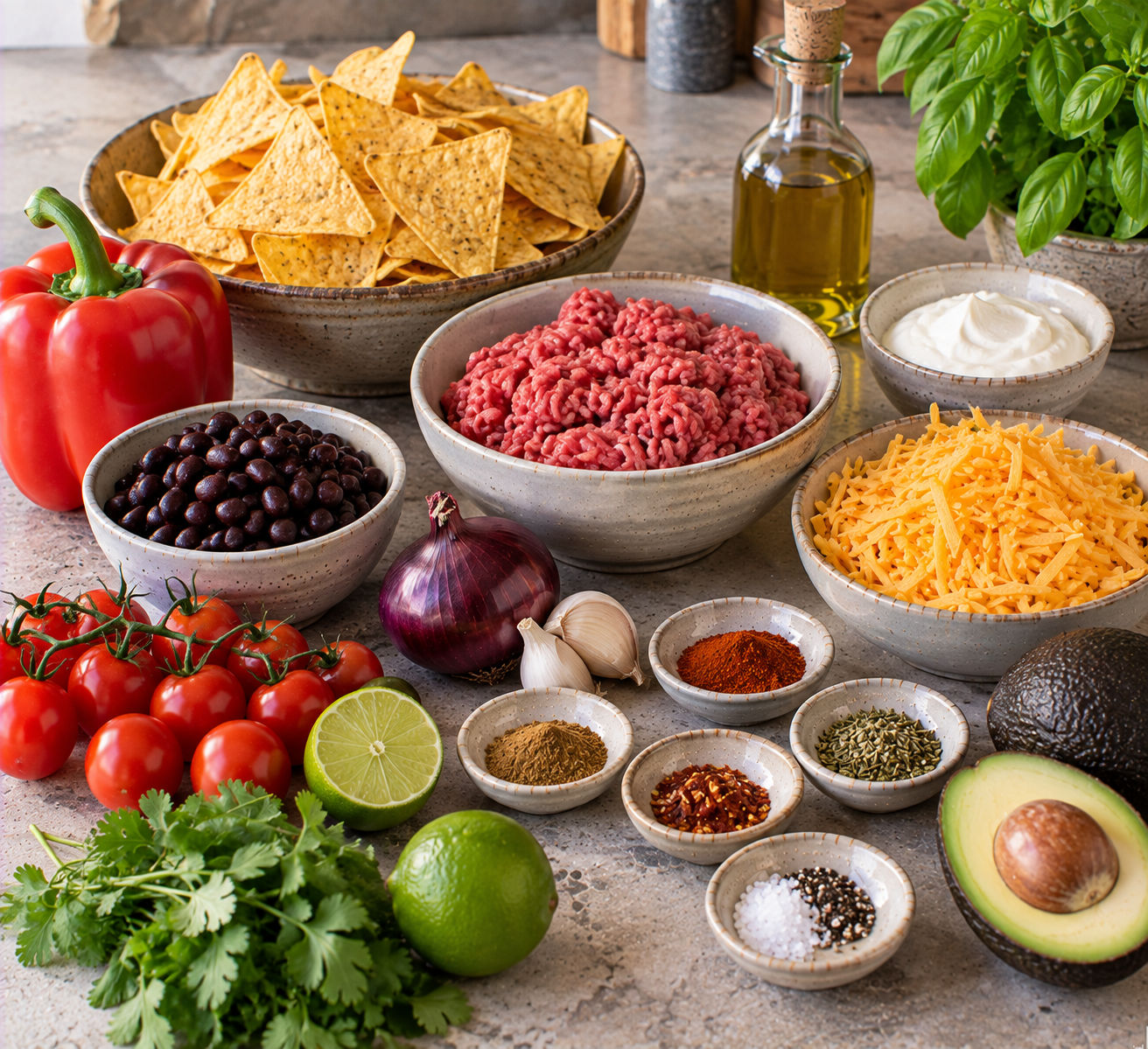 Ingrediënten voor Loaded nacho's met kruidig gehakt, avocado & frisse tomatensalsa