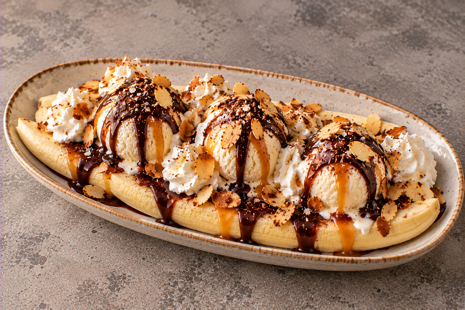 Bananensplit met warme chocolade, karamel & geroosterde amandel