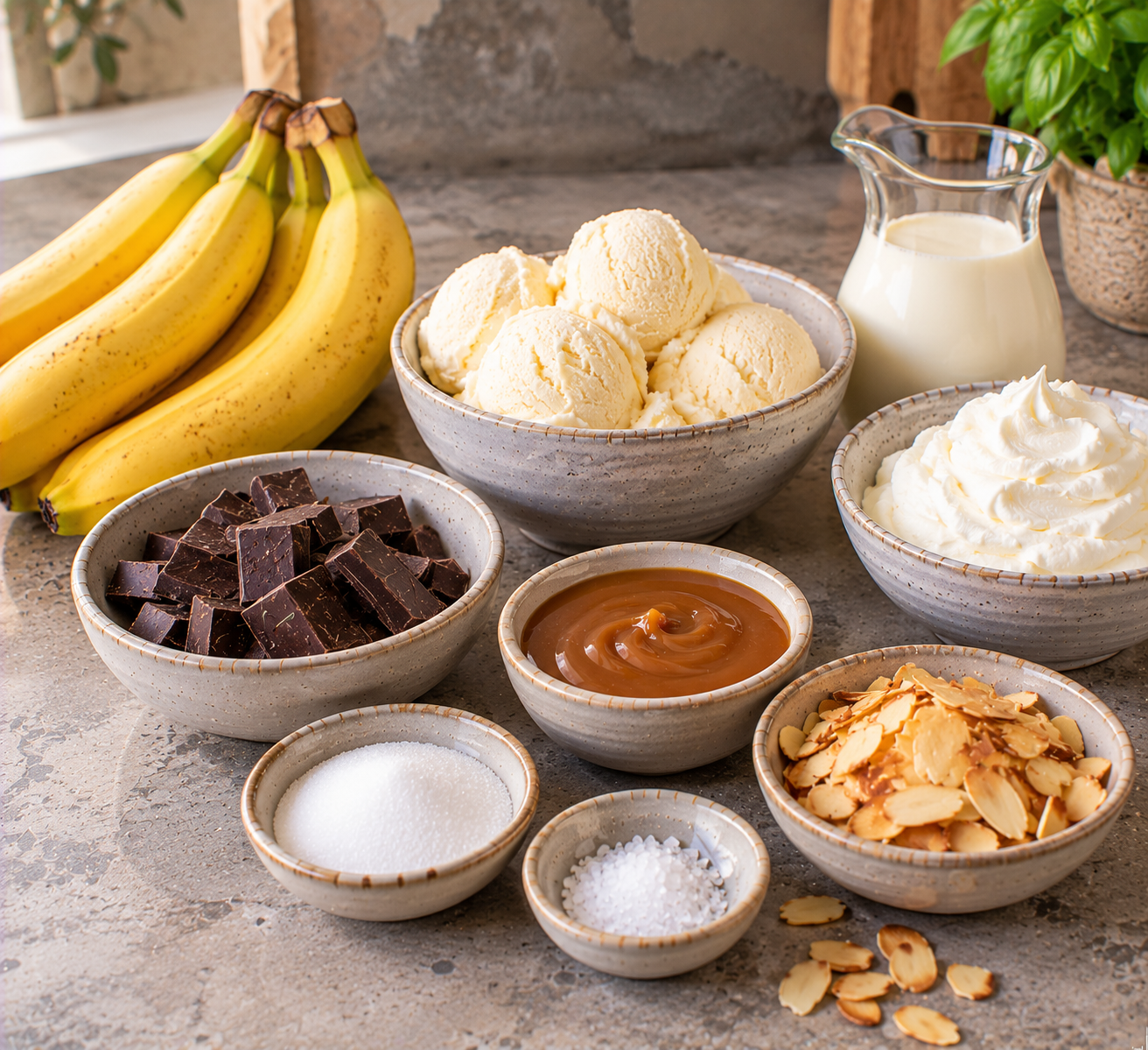 Ingrediënten voor Bananensplit met warme chocolade, karamel & geroosterde amandel