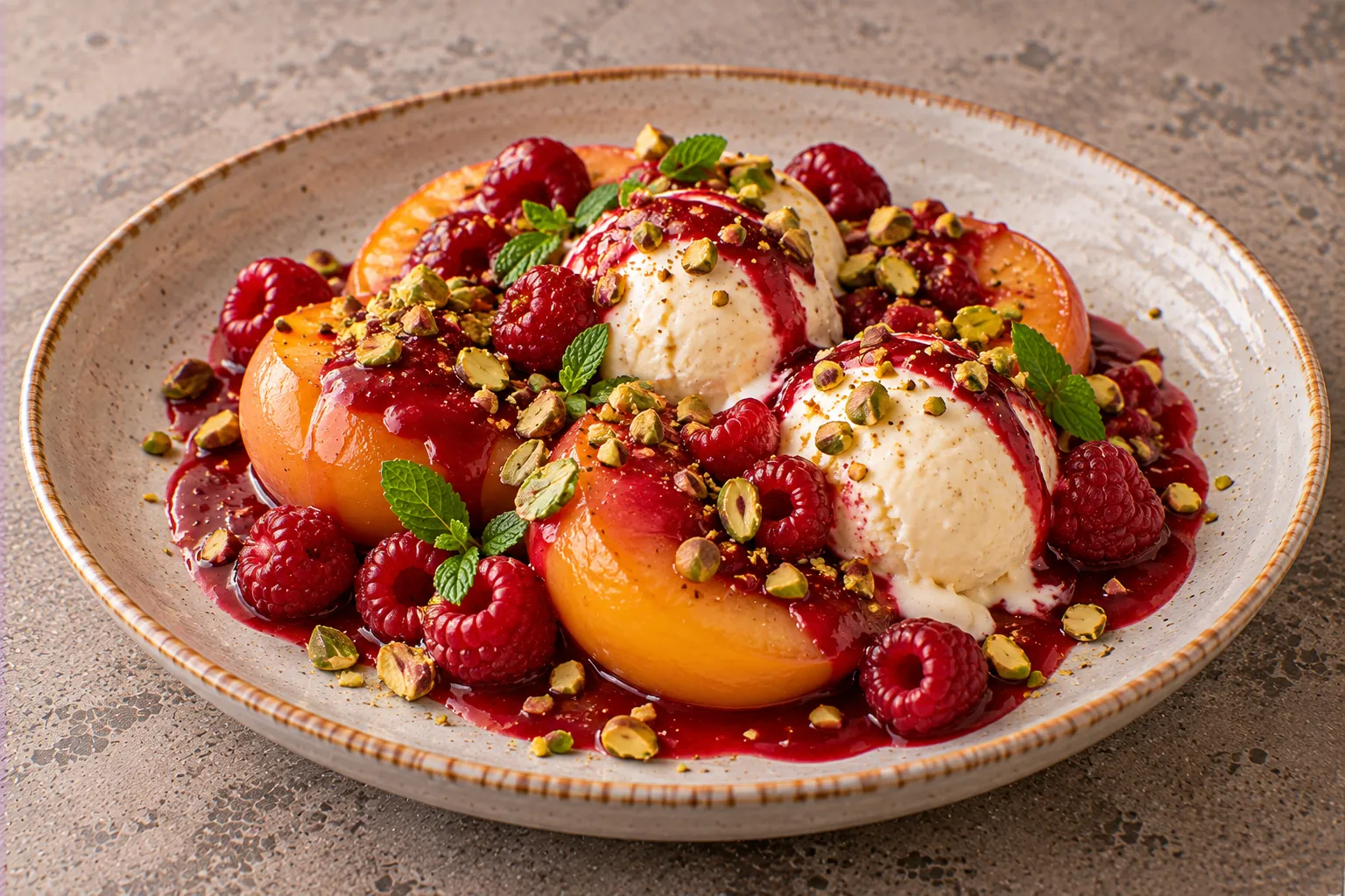 Pêche Melba with vanilla, raspberry & crunchy pistachio