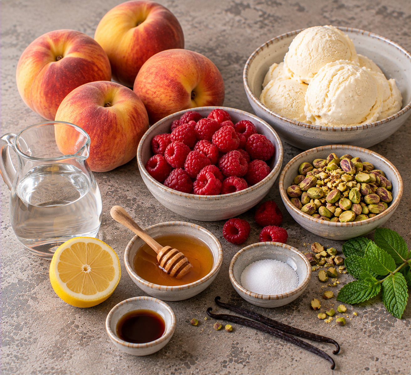 Ingrediënten voor Pêche Melba met vanille, framboos & krokante pistache