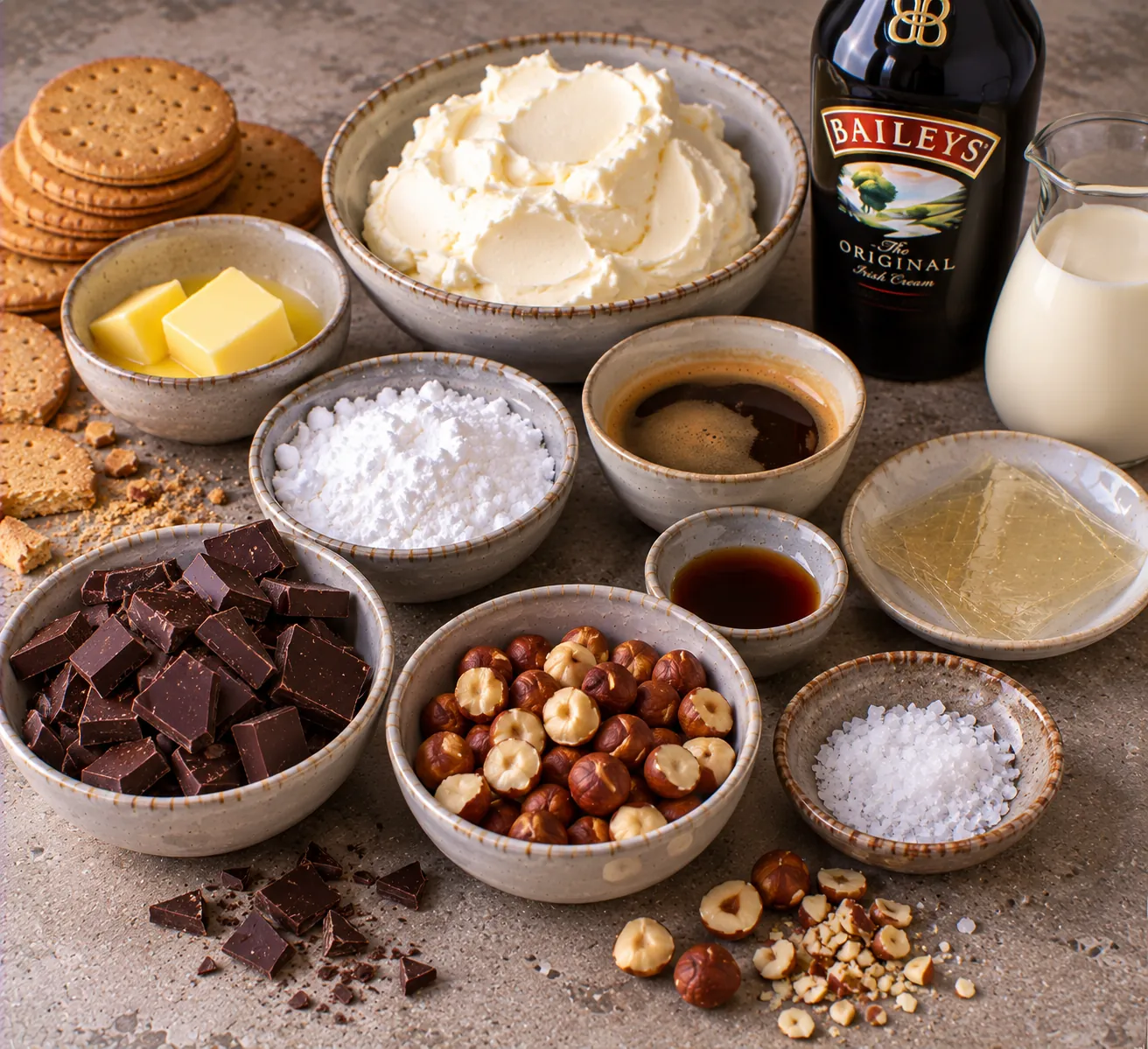 Ingredients for Baileys Cheesecake with Espresso, Dark Chocolate & Hazelnuts