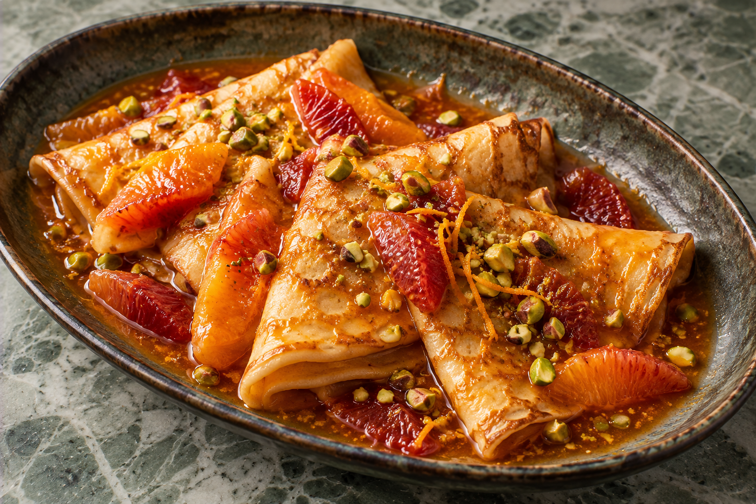 Crêpes Suzette met bloedsinaasappel & Grand Marnier