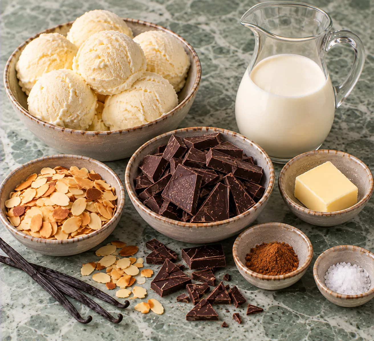 Ingredients for Dame Blanche with Spiced Chocolate & Almond Brittle